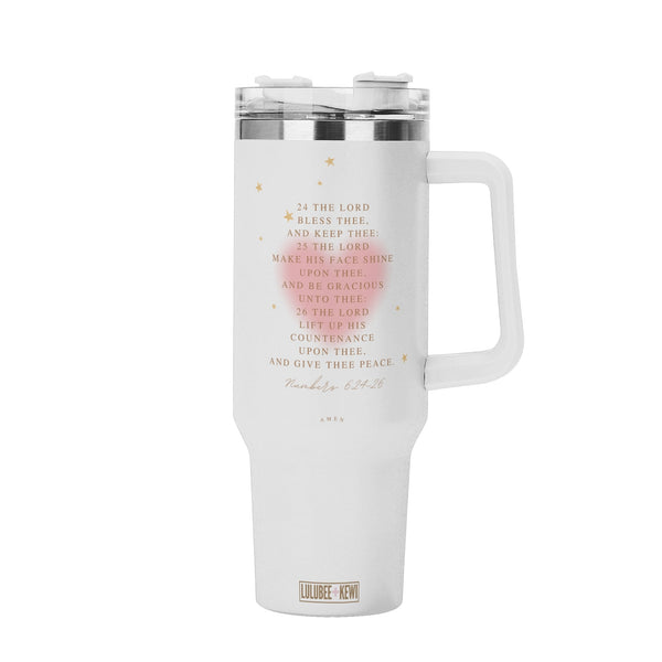 40oz Stainless Steel Tumbler Numbers 6:24-26 With White Handle and Straw