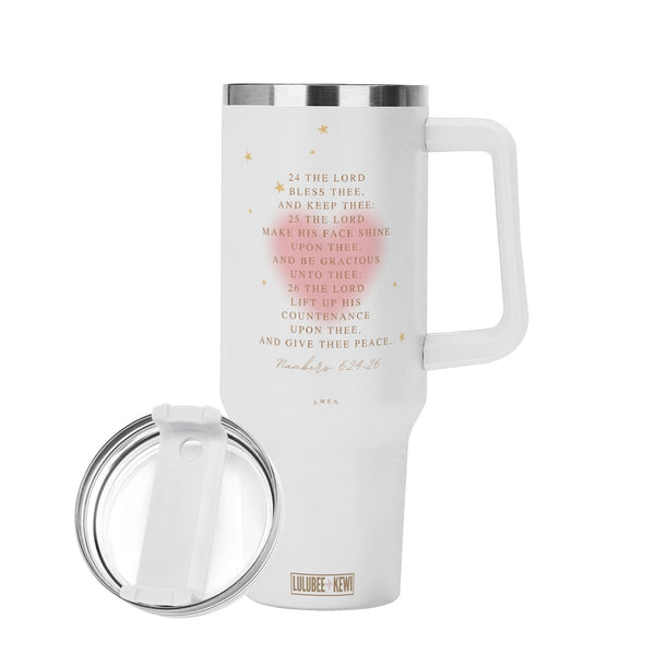 40oz Stainless Steel Tumbler Numbers 6:24-26 With White Handle and Straw