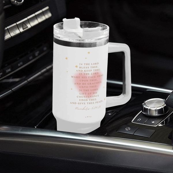 40oz Stainless Steel Tumbler Numbers 6:24-26 With White Handle and Straw