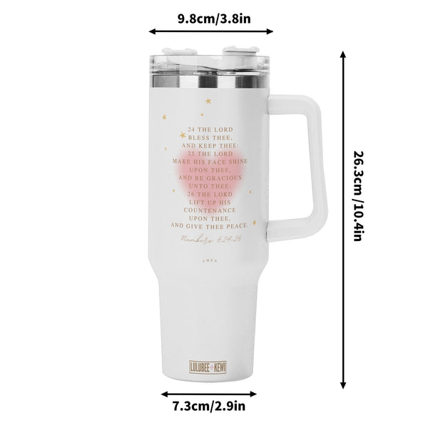 40oz Stainless Steel Tumbler Numbers 6:24-26 With White Handle and Straw
