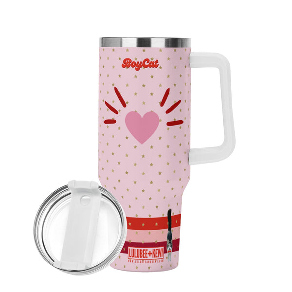 Tumbler 40oz Stainless Steel BoyCat Heart Nose with Stars, with White Handle and Straw