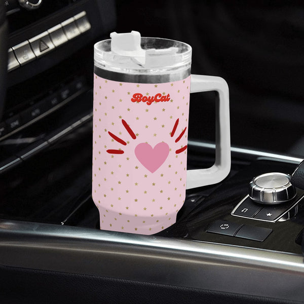 Tumbler 40oz Stainless Steel BoyCat Heart Nose with Stars, with White Handle and Straw