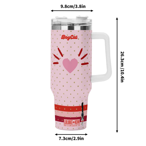 Tumbler 40oz Stainless Steel BoyCat Heart Nose with Stars, with White Handle and Straw
