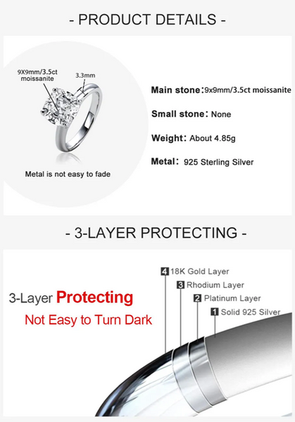 Moissanite Diamond Ring, Solitaire, Cushion Cut, 3.5ct D Color Moissanite Engagement Wedding Ring 925 Sterling Silver Rings For Women Jewelry