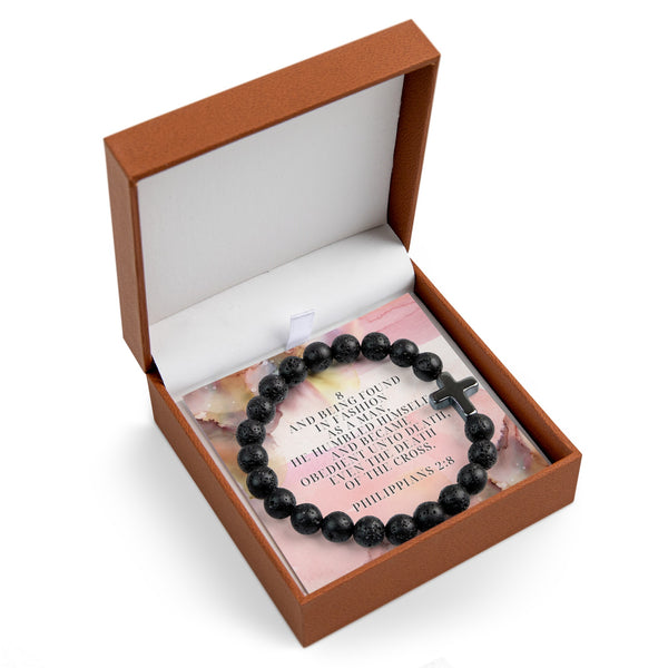 Bracelet Cross 8mm Volcanic Stone Bead Bracelet Philippians 2:8