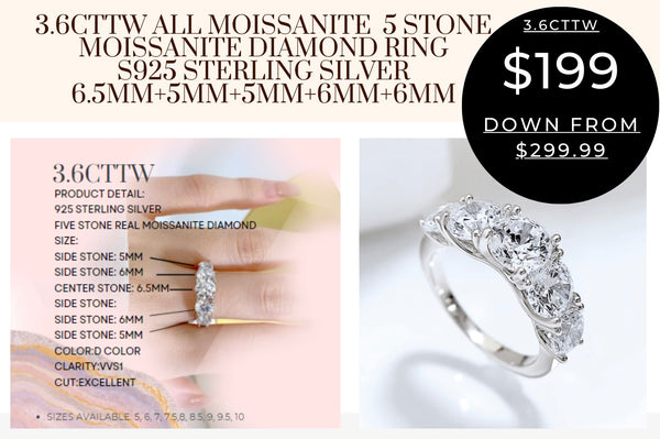 Moissanite Diamond Ring, 5 Stone, 3.6CTTW Wedding Ring Engagement Band 925 Sterling Silver