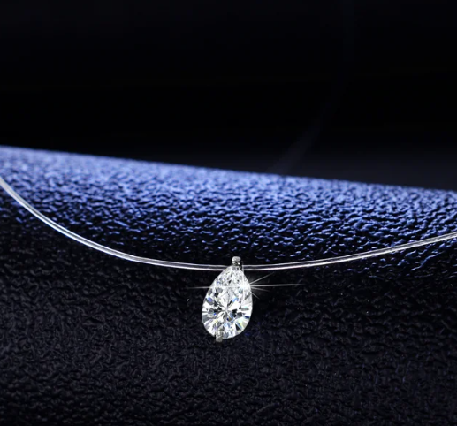 Moissanite Diamond Necklace, Pear Floating Gem 0.8ct Pear Moissanite Invisible Necklace