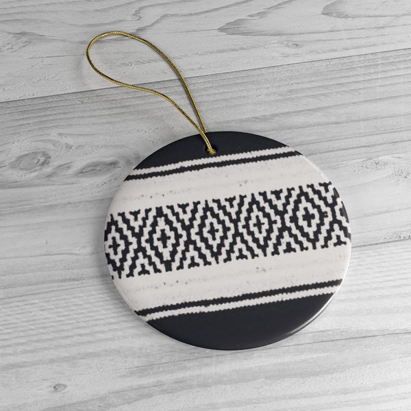 Ceramic Christmas Ornament, A Black and White Mexican Blanket Inspired Ceramic Ornament