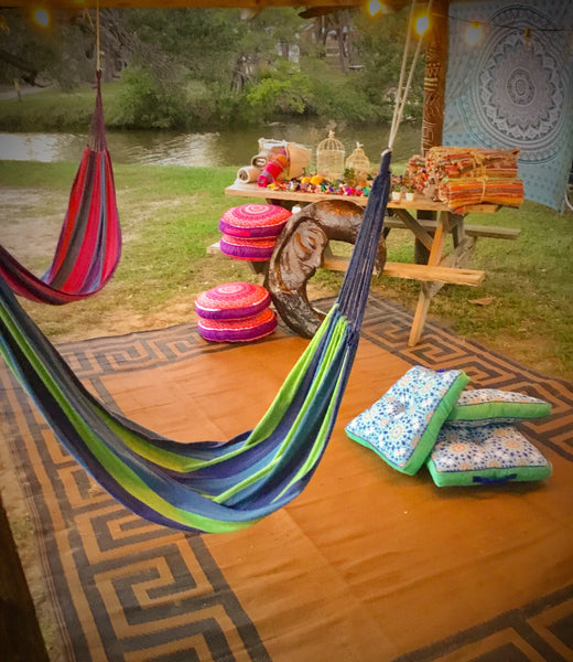 Artisans Fiesta Siesta Solo Hammock in Blue+Green or Pink+Blue, Handmade - LuluBee+Kewi 