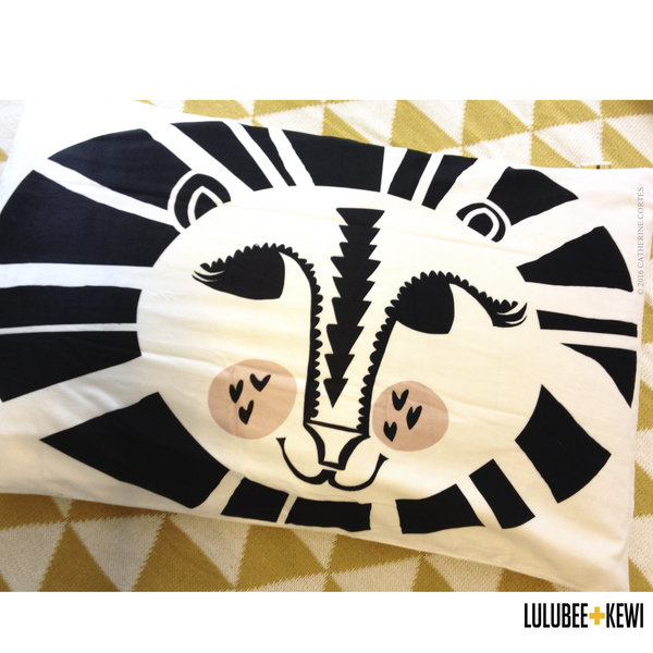 Lion Around Pillowcase, Hand Drawn Pillow Sham by American Artist Catherine Cortes - LuluBee+Kewi 