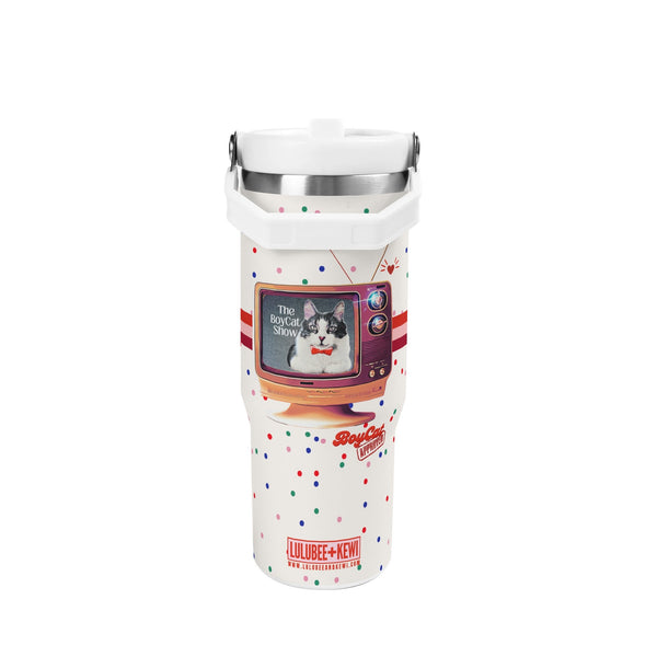 A 30oz Stainless Tumbler, BoyCat Show Retro TV Tumbler with Spots– 40oz Stainless Steel Mug with Handle & Straw + Plus Bag!