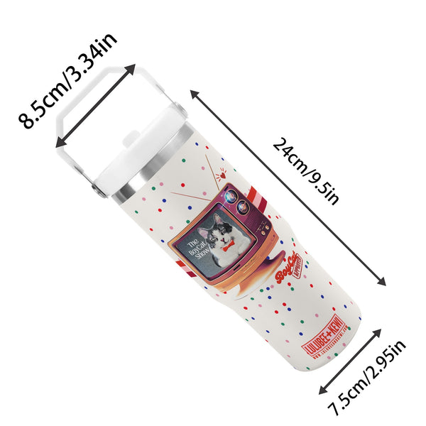 A 30oz Stainless Tumbler, BoyCat Show Retro TV Tumbler with Spots– 40oz Stainless Steel Mug with Handle & Straw + Plus Bag!