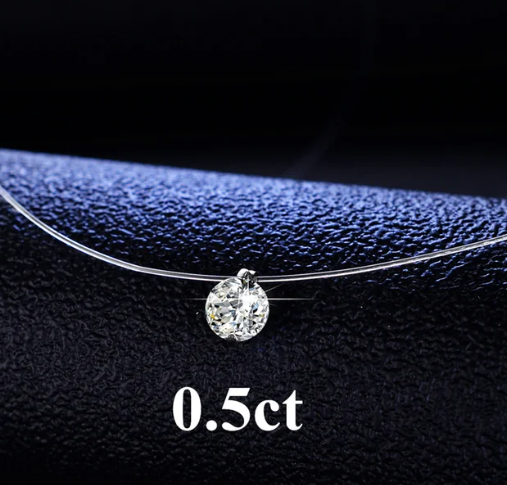 Moissanite Diamond Necklace, Floating Moissanite Diamond Necklace .05ct 5.0mm or 1ct 6.5mm  Moissanite Invisible Necklace
