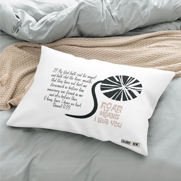 Yellow Scripture Pillowcase – Daniel 6:22  for Protection by LuluBeeandKewi.com  Daniel Lions Den Nursery Pillowcase Scripture Pillow Baby where roar means I love you