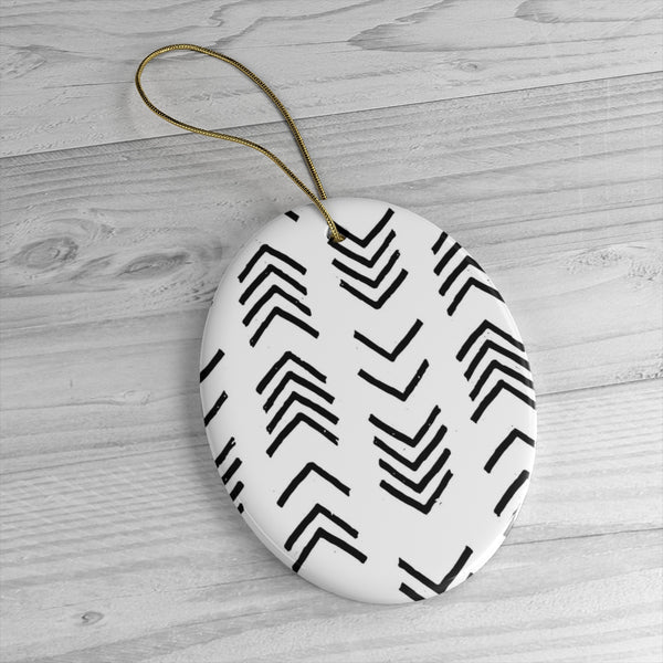 A Black and White MudCloth Inspired Ceramic Christmas Ornament | Neutral Modern Boho Holiday Decor