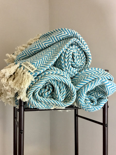 Teal and Cream Chevron Hand Knit Blanket - LuluBee+Kewi 