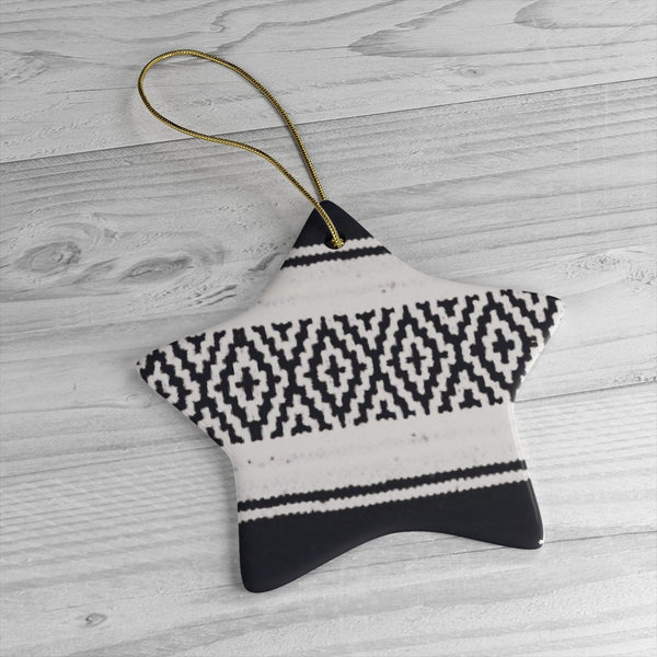 A Black and White Mexican Blanket Inspired Ceramic Ornament